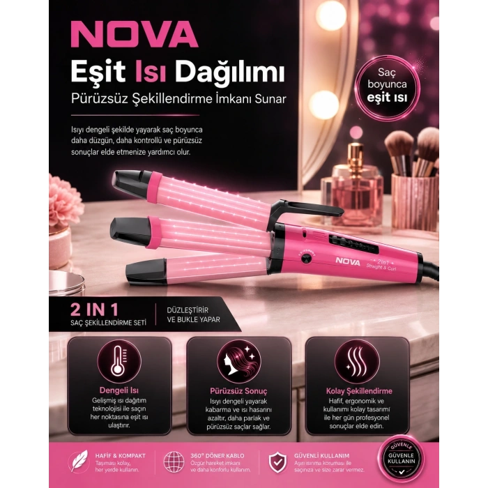 Seramik Kaplamalı Saç Düzleştirici ve Bukle Maşası 2’si 1 Arada Şekillendirici