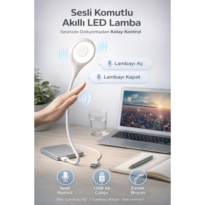 Sesli Komutla Çalışan Akıllı USB LED Lamba Esnek Başlıklı Taşınabilir Masa ve Okuma Işığı