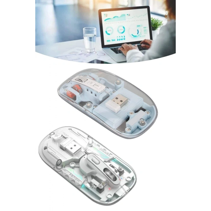 Sessiz Tıklama Çift Modlu Bluetooth Ve Alıcı Şeffaf Mouse Fare