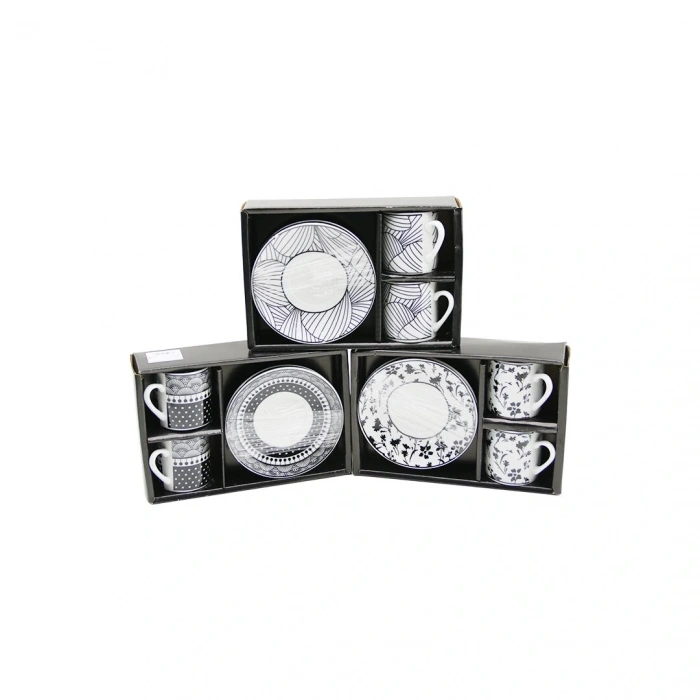 SİYAH - BEYAZ 4PCS=2-TAKIM  PORSELEN KAHVE FİNCANI  ÇİÇEK - ÇİZGİ - NOKTA MİX DESEN (5047)