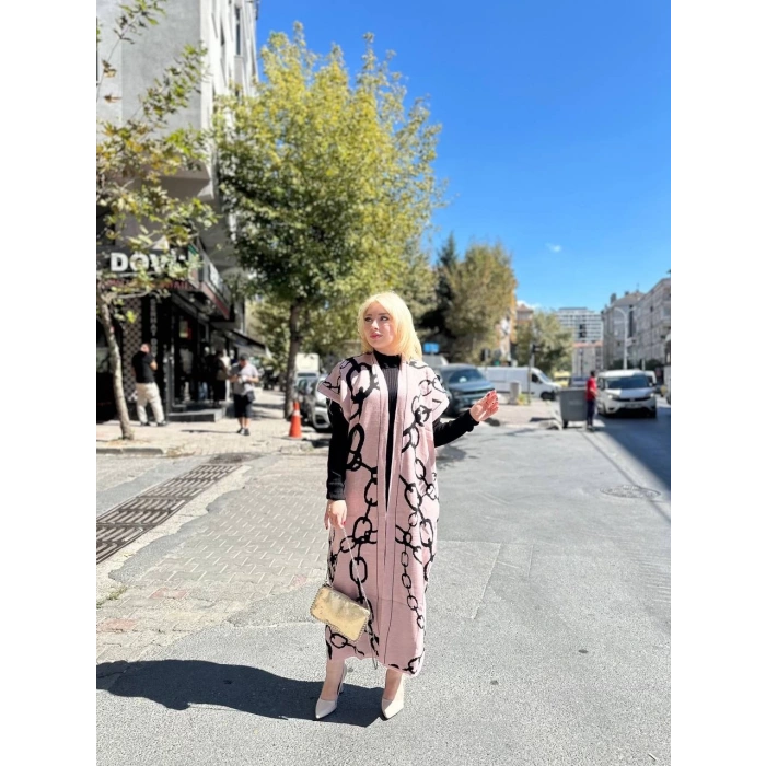 Siyah çizgi desenli elbiseli hırka takım pudra siyah