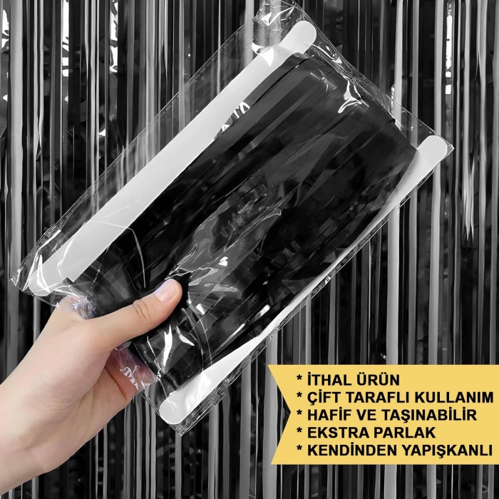 Siyah Renk Ekstra Metalize Parlak Saçaklı Arka Fon Perde İthal A Kalite 1x2 Metre (5047)