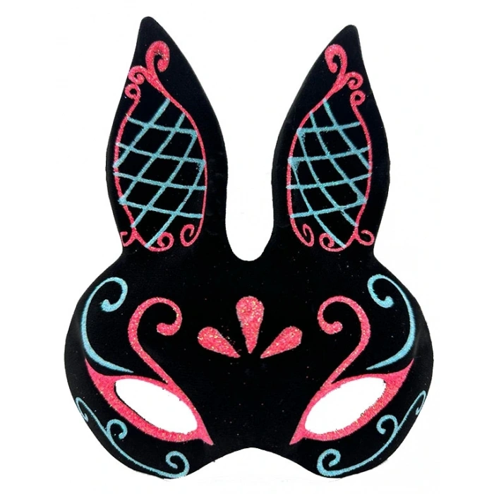 Siyah Renk Mavi Kırmızı Simli Siyah Süet Kaplama Tavşan Maskesi 18x16 cm (5047)