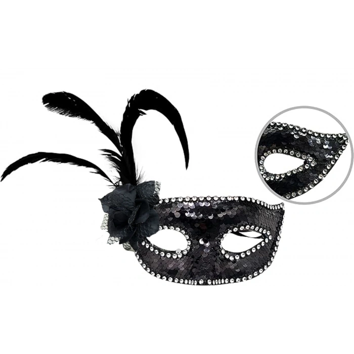 Siyah Renk Yandan Tüylü Güllü Gümüş Taşlı Pullu Maske 20x22 cm