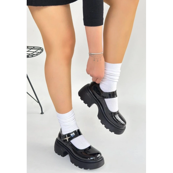 Siyat Siyah Rugan Dolgu Topuk Oxford Ayakkabı