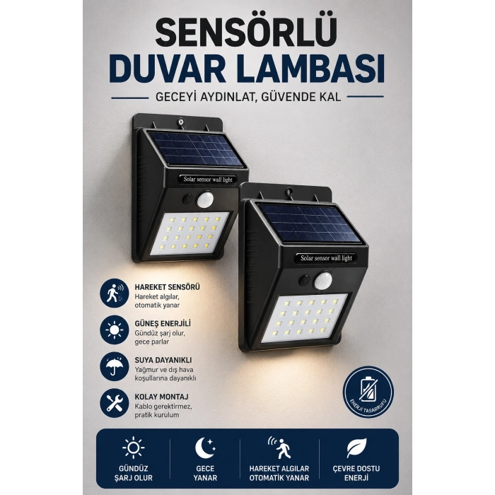 Solar Sensörlü Duvar Lambası Bahçe Lamba 20 Led Işık