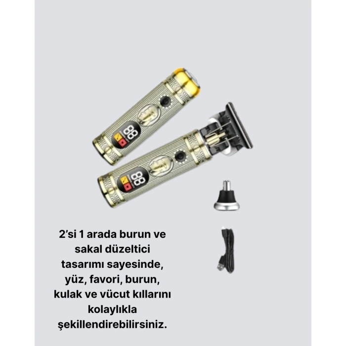 T lı Profesyonel Saç ve Sakal Düzeltici – 8 Kılavuz Tarağı, 2’si 1 Arada Burun ve Sakal Trimmer