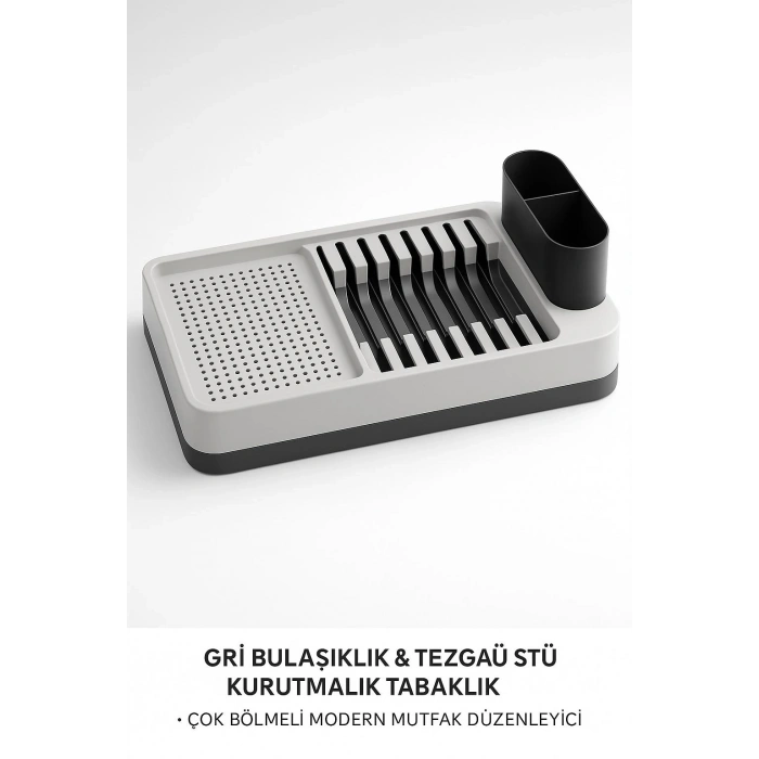 Tabak Bölmeli Tezgah Üstü Gri Bulaşıklık Bardak Kaşık Kurutmalık Mutfak Standı
