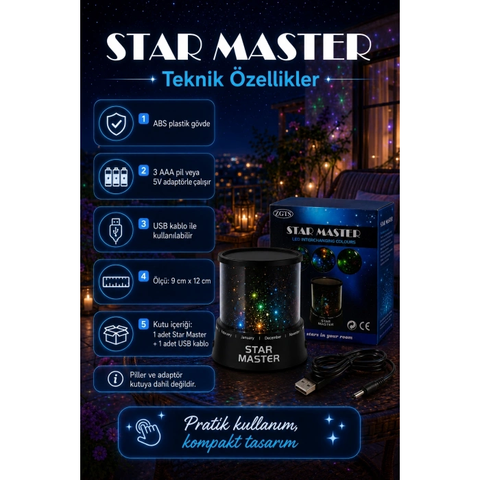 Tavan Ve Duvar Yansıtmalı Renk Değiştiren Yıldız Projektör Gece Lambası