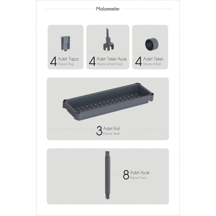 Tekerlekli 3 Katlı Çok Amaçlı Raf Ünitesi - Banyo Mutfak Düzenleyici Organizer Raf