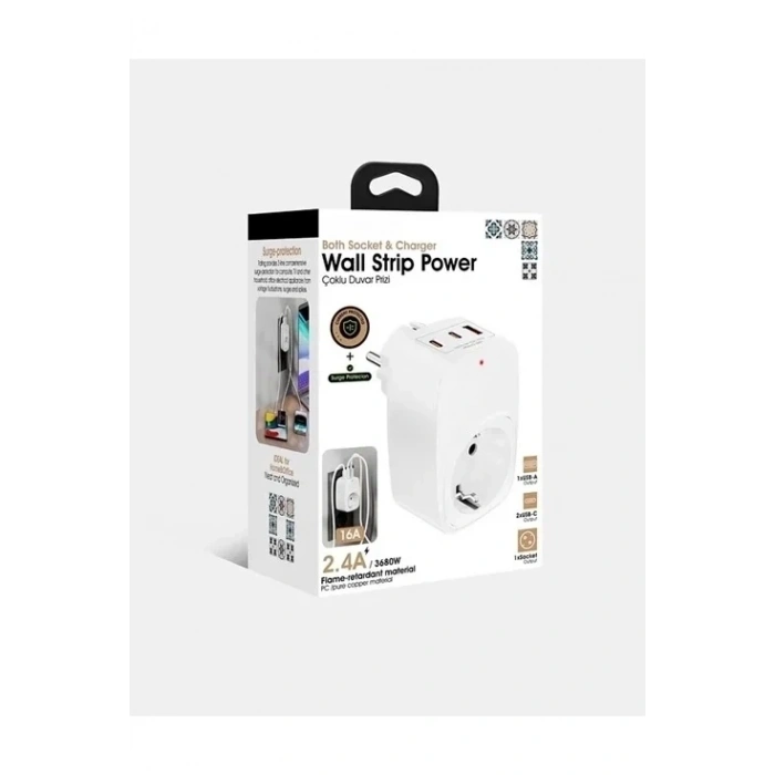 Tekli Yüksek Voltaj Korumalı Duvar Prizi 2x Type-c 1x Usb Çıkışlı Priz Grup Priz Çoğaltıcı Beyaz
