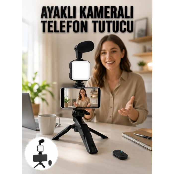 Telefon Tutucu Led Işıklı Kumandalı Mikrofon Telefon Vlog Video Kayıt
