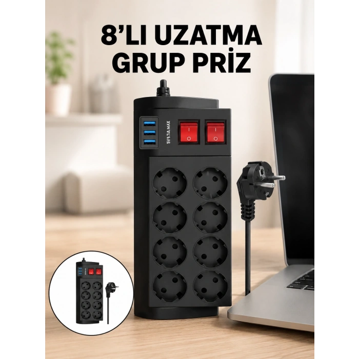 Termal Korumalı 8 Prizli 3 USB’li Uzatma Kablosu Yeni Nesil