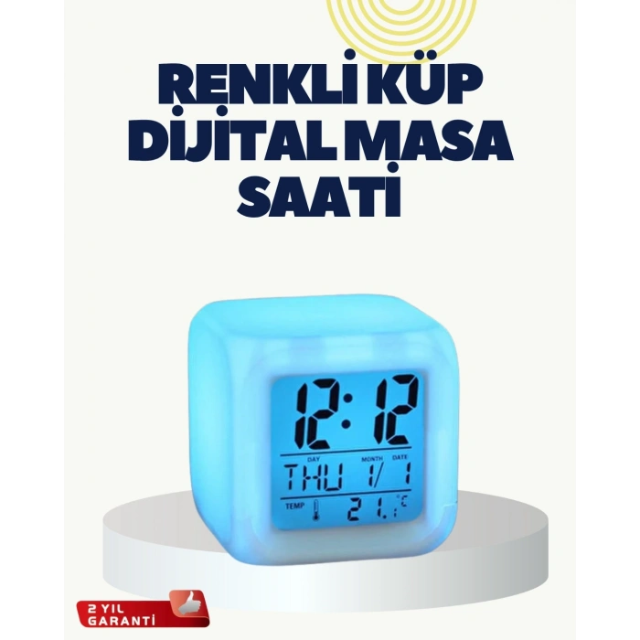 Termometre ve Takvim Özellikli 7 Renk Değiştiren Küp Alarm Saati