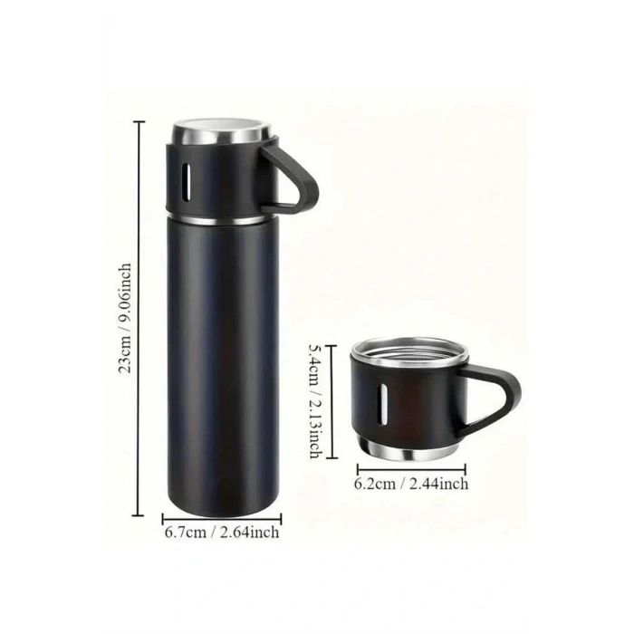 Termos Seti 3lü Bardak Seti Isı Dayanıklı Siyah Paslanmaz Çelik Vakumlu