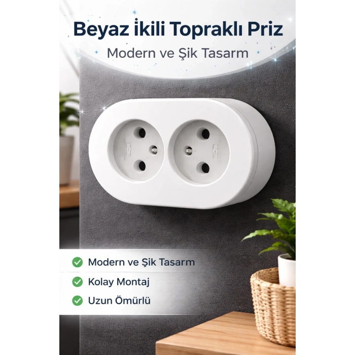 Topraklı Sıva Üstü İkili Set Priz Modern Kırık Beyaz Kolay Kurulum