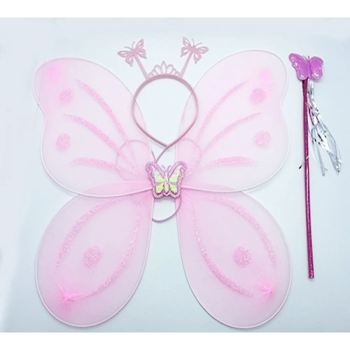 Toz Pembe Renk Kelebek Kanadı Tacı ve Sopası 50x37 cm (5047)