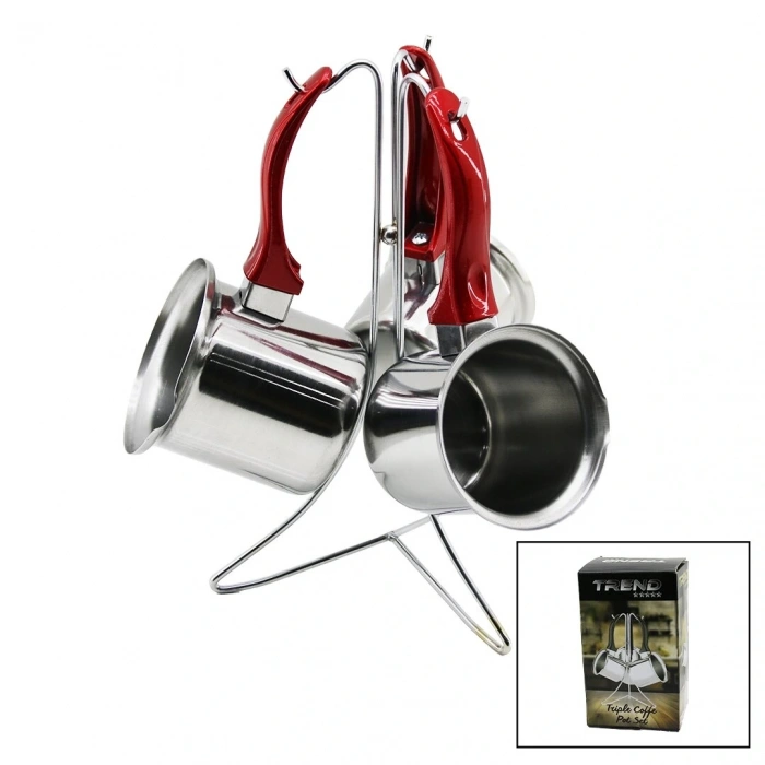 TREND  3LÜ SET   NO-3-4-5  ÇELİK CEZVE  METAL STANDLI   RENKLİ PLASTİK KULPLU (5047)