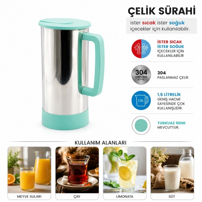 Turkuaz - Paslanmaz Çelik Sıcak - Soğuk Çelik Sürahi Bx40
