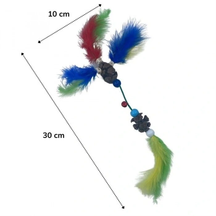 Tüylü Tahta Boncuklu Zilli Kedi Oyuncağı Çok Renkli Kedi Oyuncak (5047)