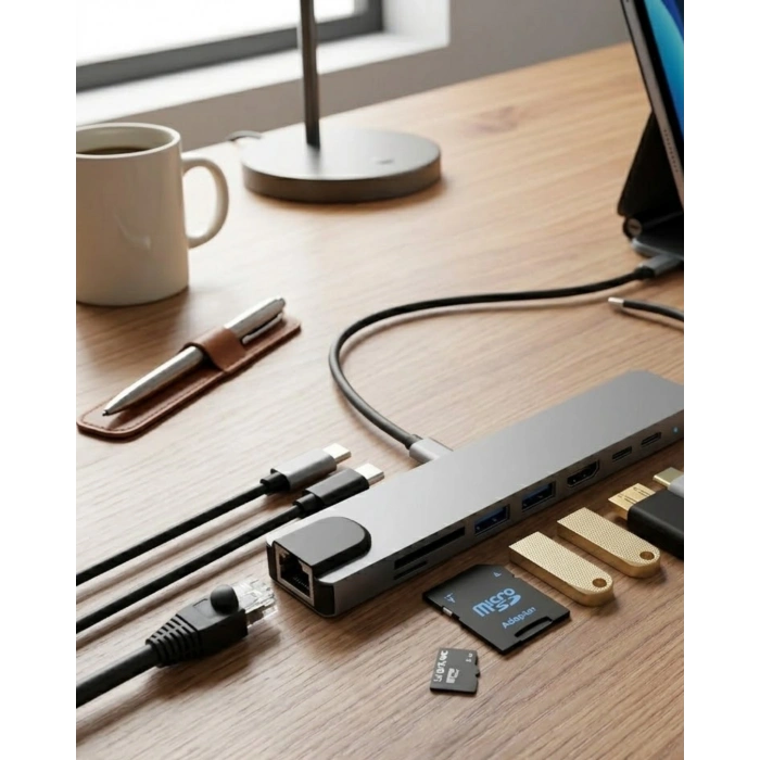 Type C Çoklu Port Hub 8 Port USB HDMI SD Kart Ethernet Adaptör