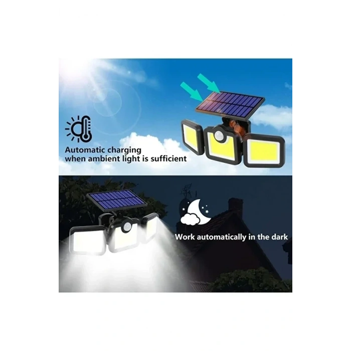 Üçlü Solar Led Projektör – Beyaz Işık – Sensörlü Dış Mekân Aydınlatma (5047)