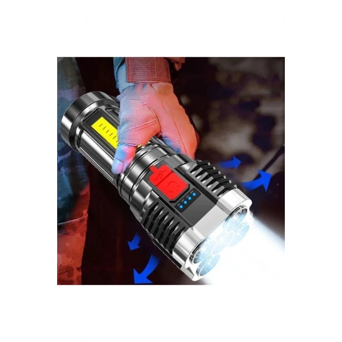 Ultra Parlak El Feneri Usb Şarj 4 Led+yan Cob Led Taktik Günlük Hayat Kamp Avcılık El Feneri
