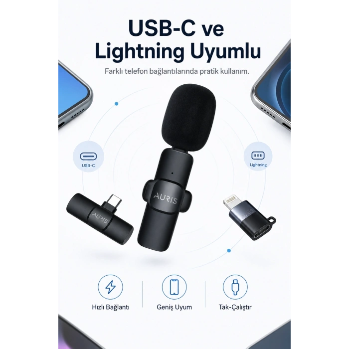 USB-C ve Lightning Uyumlu Kablosuz Yaka Mikrofonu Tak Çalıştır Telefon Ses Kayıt Seti
