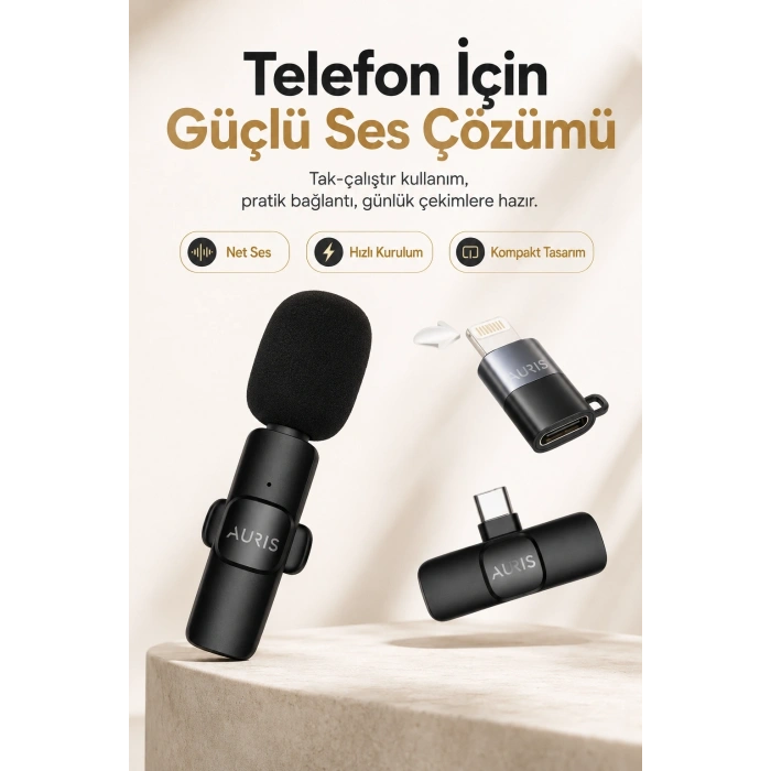 USB-C ve Lightning Uyumlu Kablosuz Yaka Mikrofonu Tak Çalıştır Telefon Ses Kayıt Seti