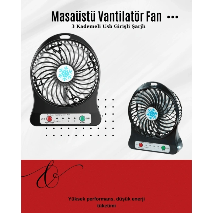 USB Girişli Taşınabilir Masaüstü Mini Fan – 3 Kademeli Hız, Şarjlı, Işıklı, Sessiz Çalışma