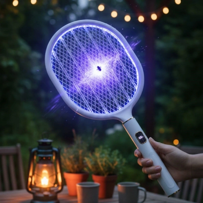 USB Şarjlı Beyaz Renk Kendiliğinden Standlı Şarj Göstergeli UV Işıklı Sinek Öldürme Raketi LTD-718 (5047)