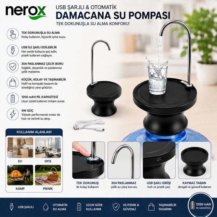 USB ŞARJLI - OTOMATİK DAMACANA SU POMPASI - STAND 360° BAŞLIK NRX-4337 (5047)