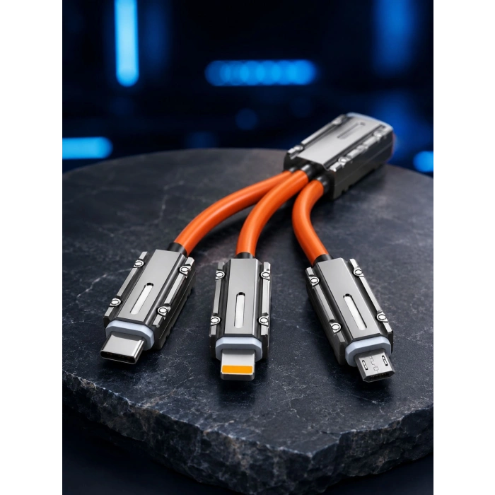 USB Type-C, Lightning ve Micro USB Uyumlu 3ü 1 Arada Hızlı Şarj Kablosu