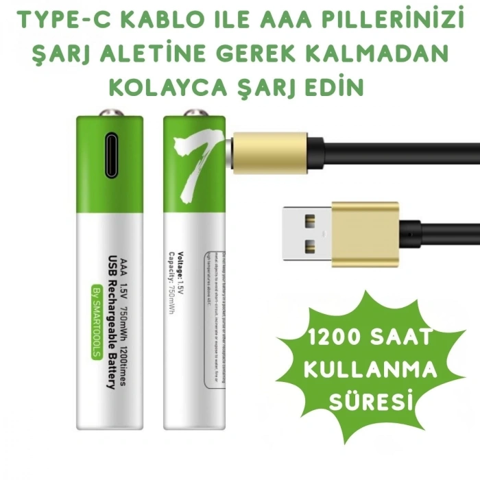 Usb Type-c Şarjlı 4 Adet Aaa 1.5v Lityum Kalem Pil 750mah Uzun Ömürlü