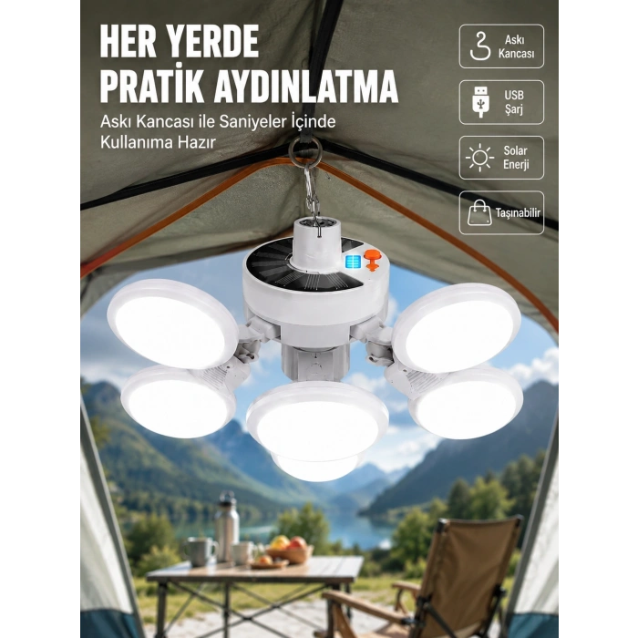USB ve Solar Şarjlı Katlanabilir 5 Taraflı LED Lamba