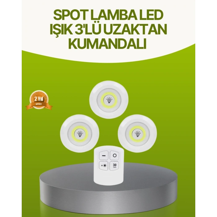 Uzaktan Kumandalı 3 Lü Kablosuz Led Spot Lamba Seti Yapışkanlı Pratik Kullanım