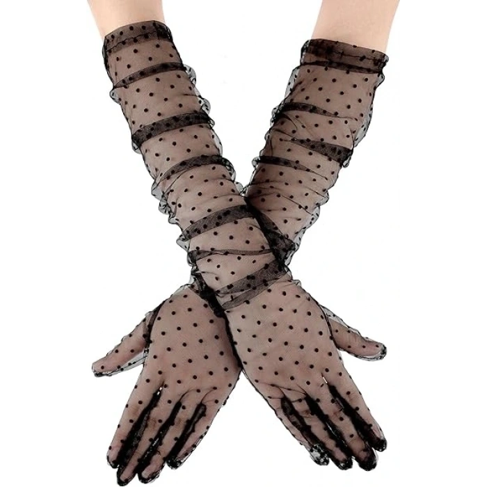 Uzun Boy Siyah Puantiyeli Siyah Renk Yetişkin Tül Eldiven 55 cm (5047)