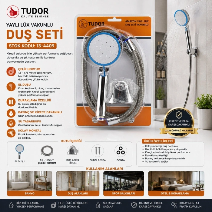VAKUMLU - KROM LÜKS DUŞ SETİ METAL YAYLI HORTUM=150CM MAFSAL (5047)