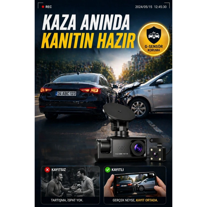 WiFi 1080p 3 Kameralı Araç İçi Kamera LCD Ekranlı Gece Görüşlü G Sensörlü Geniş Açılı