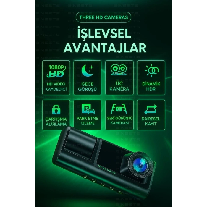Wifi 1080p Araç içi 3 Kameralı Lcd Ekranlı Gece Görüşlü , G-sensör , Geri Görüş Kamera