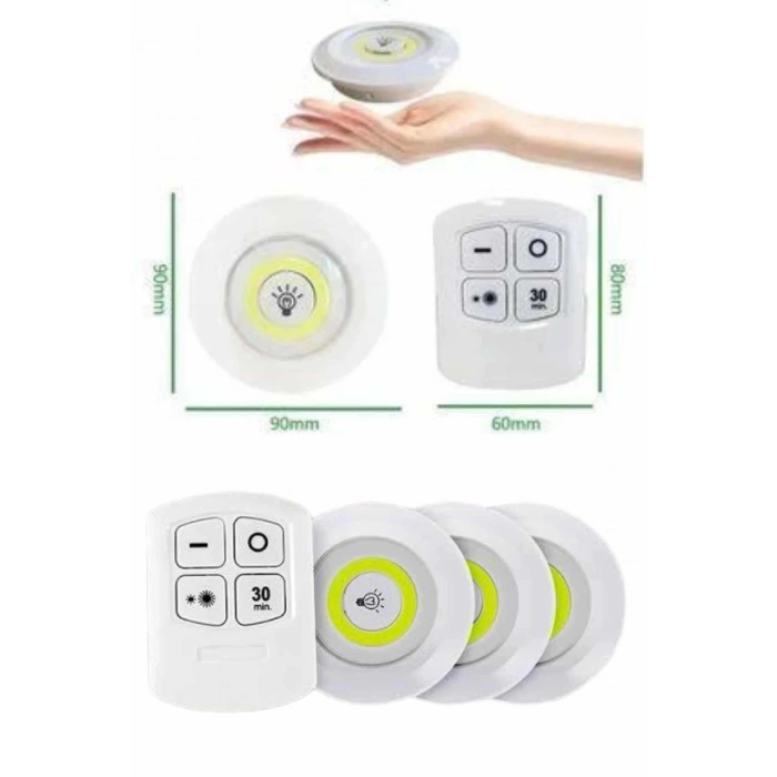 Yapışkanlı 3lü Spot Led Işık Lamba Montajsız Pilli Uzaktan Kumandalı