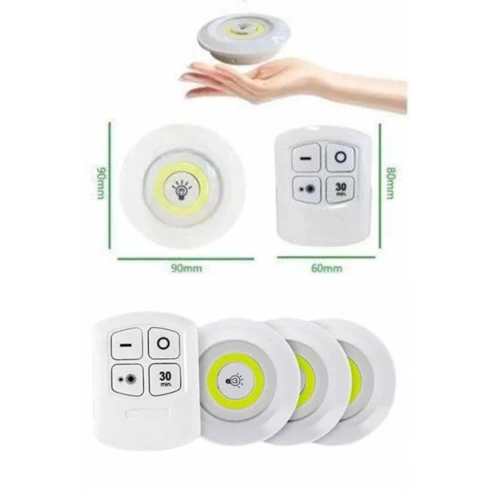 Yapışkanlı 3lü Spot Led Işık Lamba Montajsız Pilli Uzaktan Kumandalı