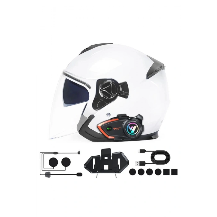 Yeni Model Y80-2x Motosiklet İntercom 2 Kişilik Bağlantı Rgb Işıklı Bluetooth Kulaklık Seti