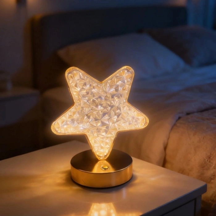 Yıldız Model Kristal LED Masa Lambası – Dokunmatik, 3 Renk Işık Modlu, Şarjlı Mini Dekoratif Gece Lambası (5047)