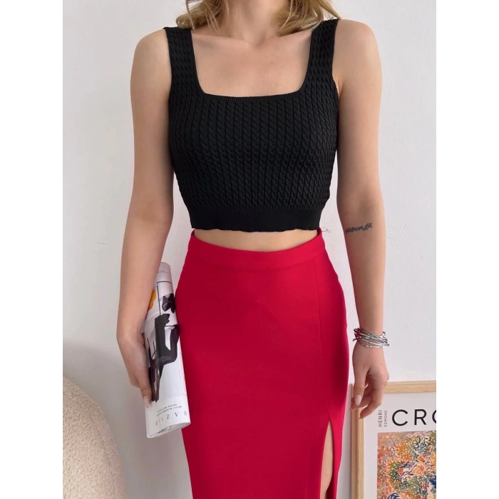 Yırtmaçlı esnek kumaş midi boy etek koyu kırmızı