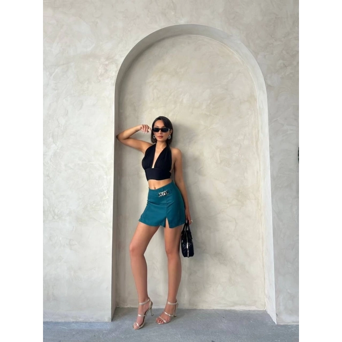 Zincirli şort etek petrol yeşili s24676