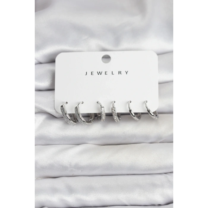 Zirkon Taşlı Gümüş Renk Pirinç Kadın Küpe Seti