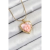 316L Çelik Zincir Pembe Sanatsal Portre İnci Detaylı Papatya Figürlü Kalp Model Gold Renk Kadın Kolye