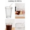 6 Adet Latte Kapaklı Pipetli Kristal Desen Fenomen Bardak Soğuk Kahve, Smoothie, İçecek Bardağı