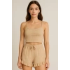 Crop Takım - Askılı Crop Takım Likralı Bej (XL)